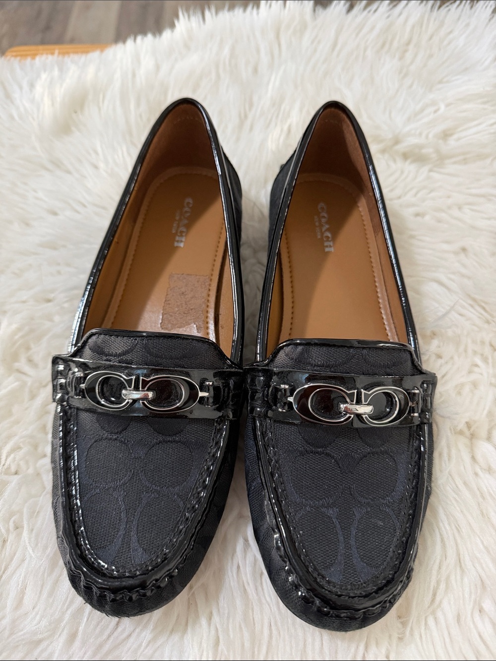Coach Black Signature Canvas & Patent Leather Loafers with Silver Hardware